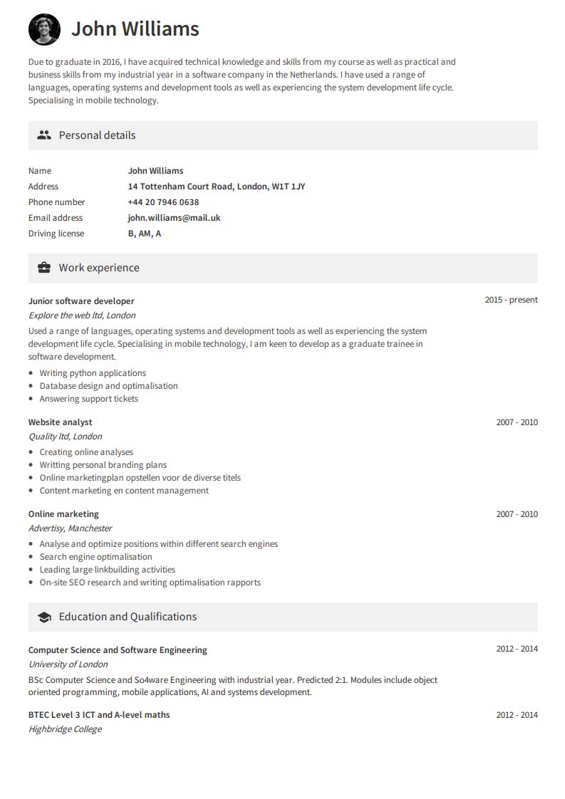 Kostandsfri CV Exempel