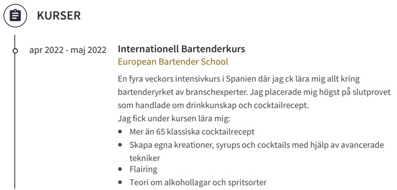 bartenderkurs pa cv exempel