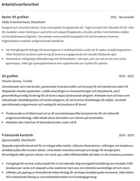 arbetslivserfarenhet cv exempel