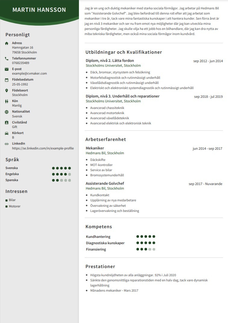 Exempel på CV med prestationsavsnitt