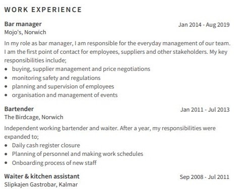 arbetslivserfarenhet cv exempel