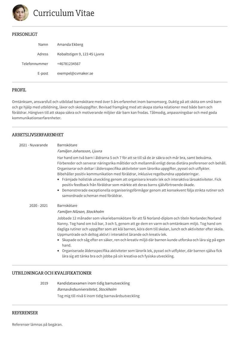 Barnskötare CV-exempel