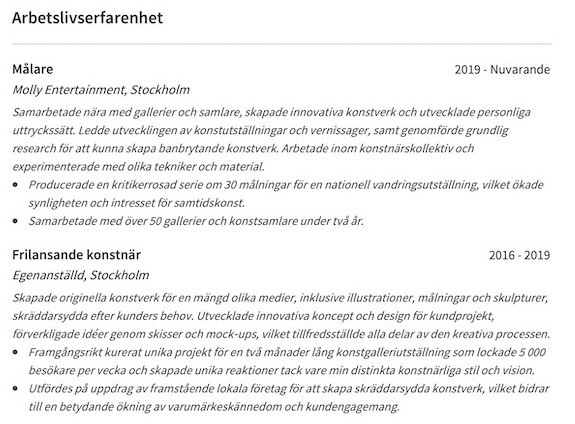 arbetslivserfarenhet cv exempel