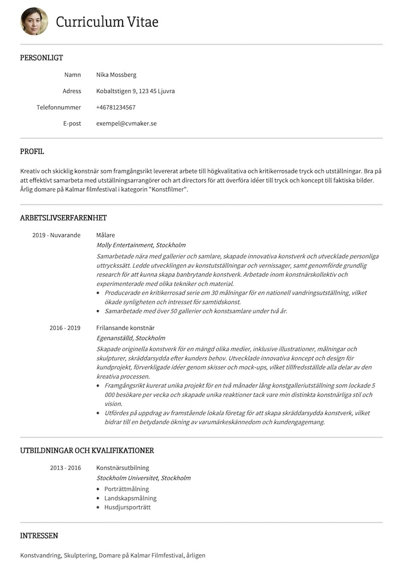 Hobbyer CV-exempel