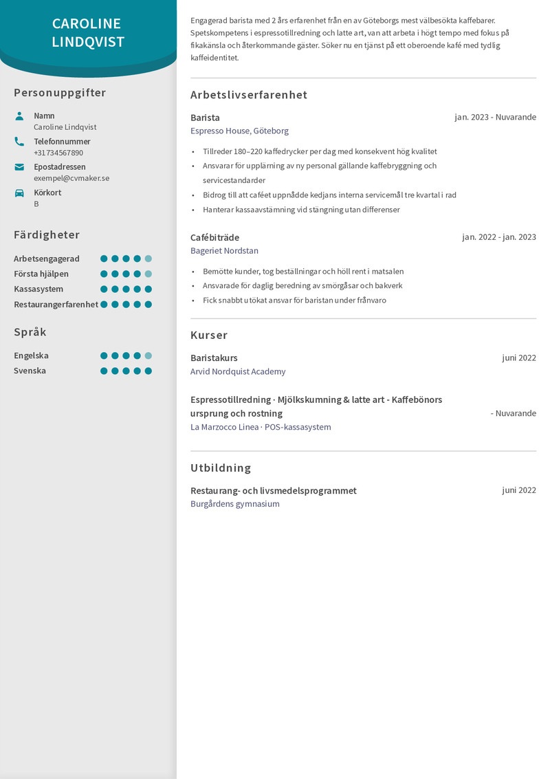 cv exempel Butiksbiträde CV exempel – Barista