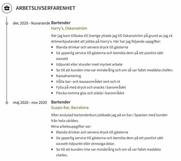 arbetslivserfarenhet cv exempel
