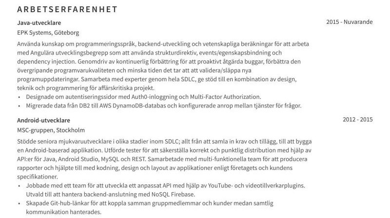 arbetslivserfarenhet cv exempel