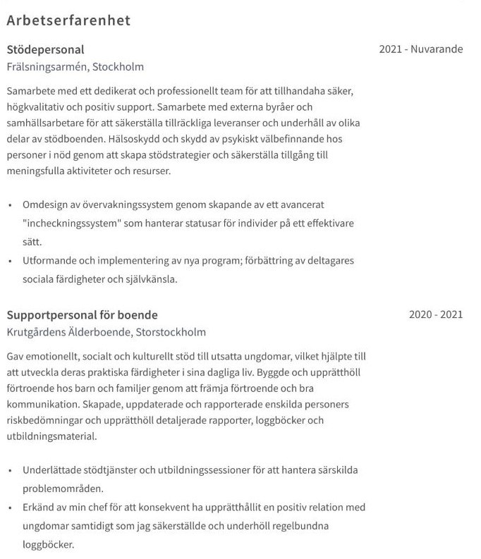arbetslivserfarenhet cv exempel