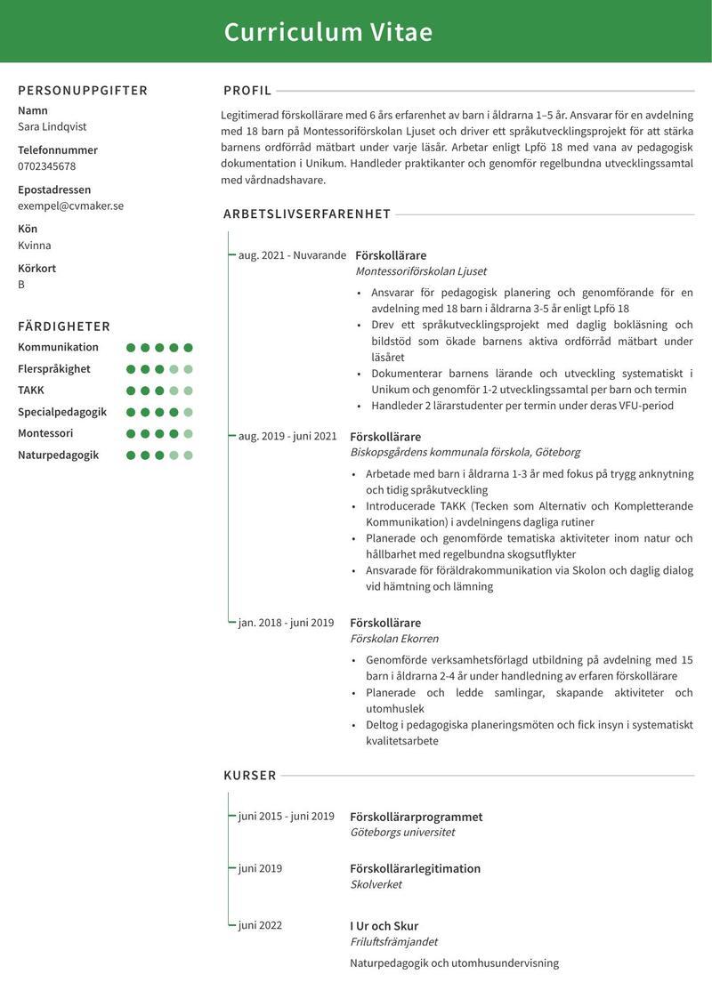 Exempel på förskollärar-CV Exempel på förskollärar-CV