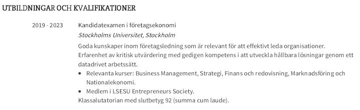 utbildningserfarenhet cv exempel