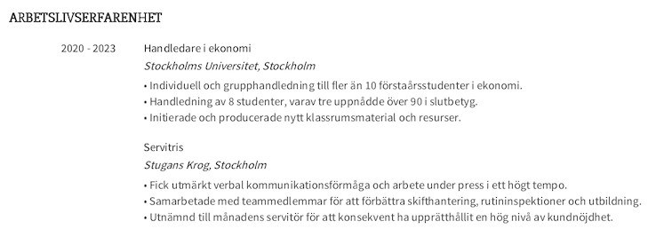 arbetslivserfarenhet cv exempel